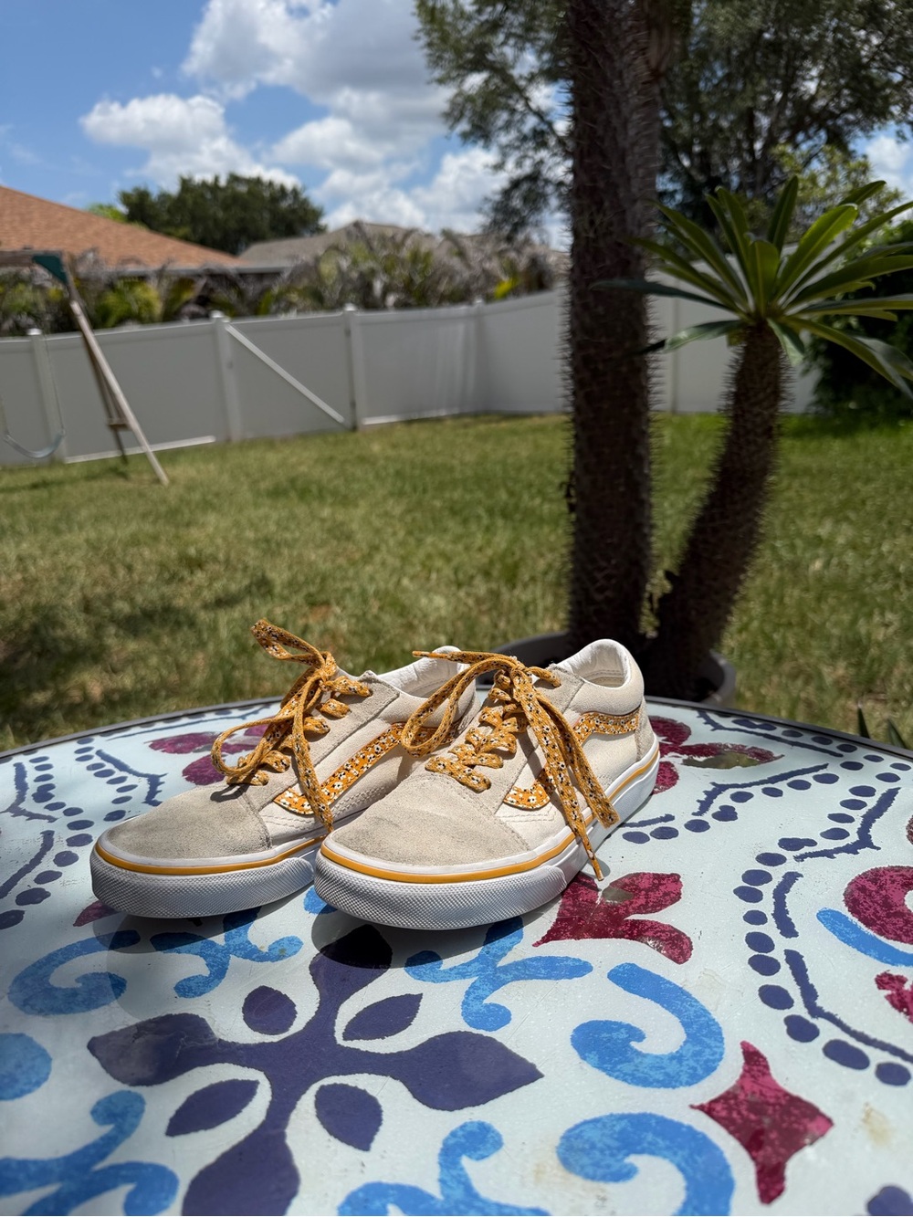 Vans Kids Beige Suede Sneakers with yellow and tiny white flower Accents